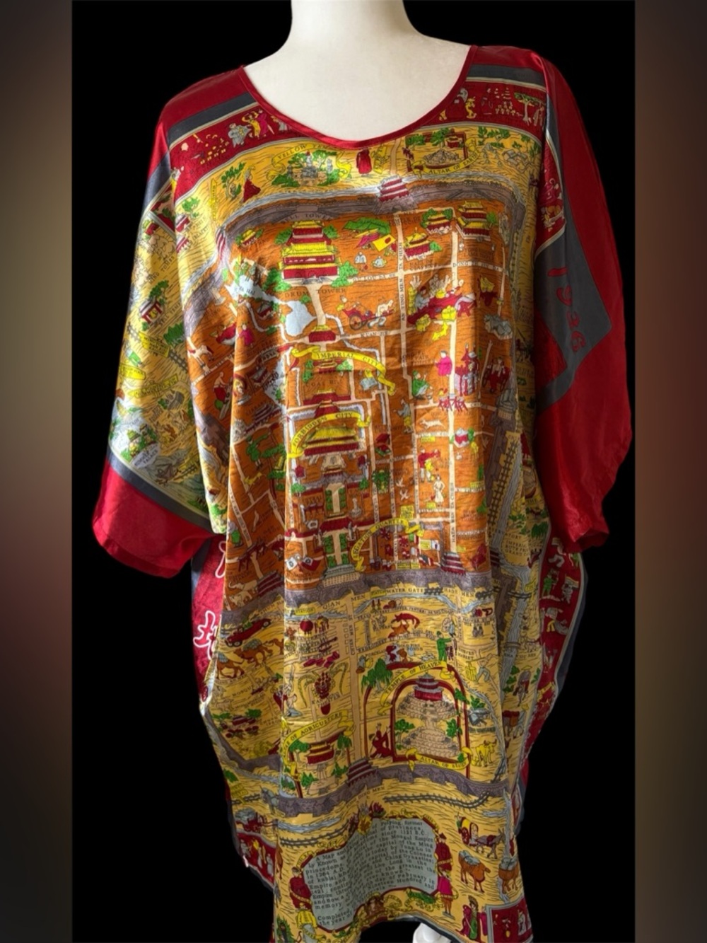 China Map Print  Vtg Kaftan Style Tunic Oversized Red Novelty Graphic OS lounge